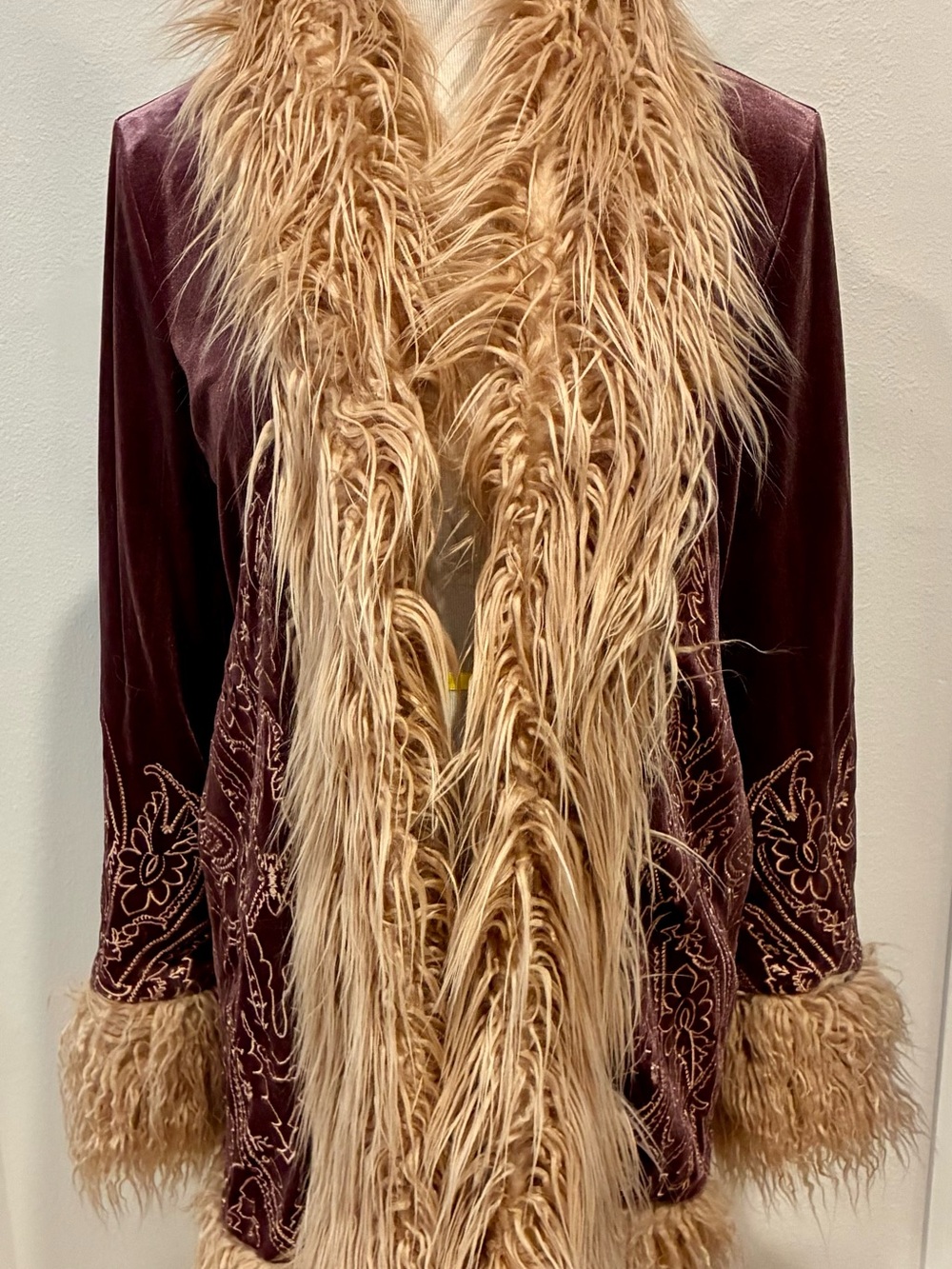 NWT Forever 21 Velvet Embroidered Faux Fur Boho Coat Jacket S